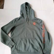 Carhartt Hoodie Womens S 4-6 Relaxed Fit Pullover Logo Sleeve Print EUC Green