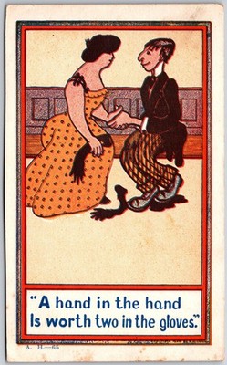 A Hand In The Hand Is Worth Two In The Gloves, Romantic Couple Sitting, Postcard