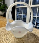VTG Fenton Art Glass Basket Autumn Leaves Design White Satin Glass Hand Painted