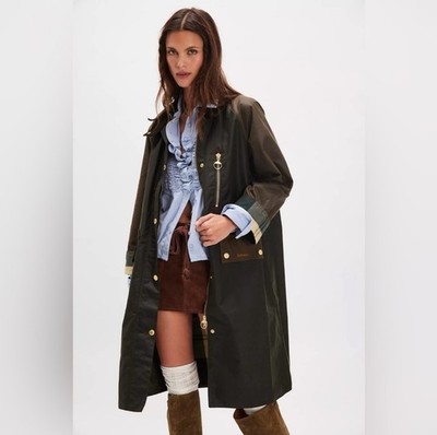 Barbour Evette Wax Jacket Women's Olive Long Rain Coat Corduroy Collar Size 12