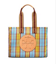 Tory Burch Yellow / Blue Mercado Plaid Ella Mesh Tote Bag