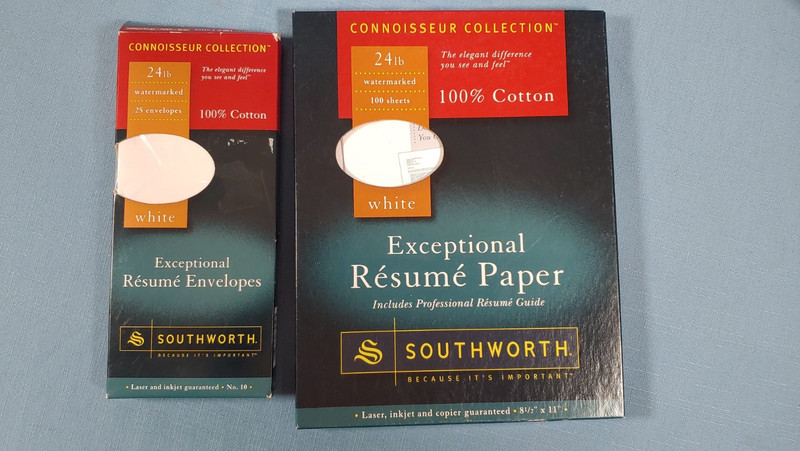 Southworth Resume 8X11 Paper & 12 Envelopes 100% Cotton Watermarked 24 lb White
