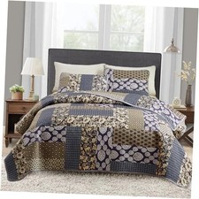 3 Pieces Patchwork Quilt Set Queen-90" x 90" 1 Quilt  2 Pillow Shams Khaki