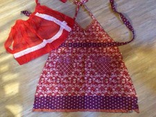 Vntg Aprons Two One Full Pockets One Fancy Red White Lace