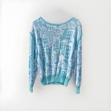 Vintage St. Croix Knits Sweater Mint Green White Abstract Cityscape M
