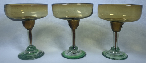 RARE Set of (3) Mexican Hand Blown Amber Margarita Glasses w/ Green Swirl Base - Picture 2 of 7
