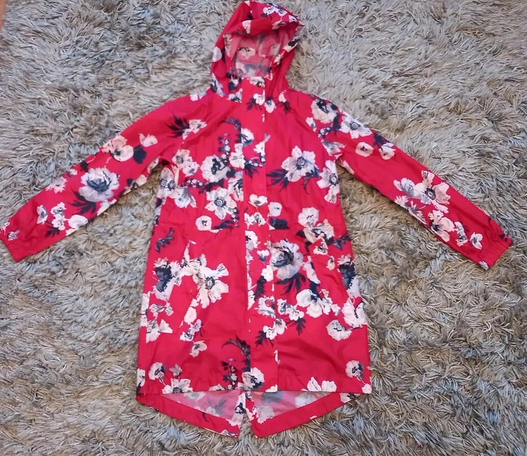 Ladies Joules Right As Rain Red Floral Rain Coat Mac Jacket UK 10