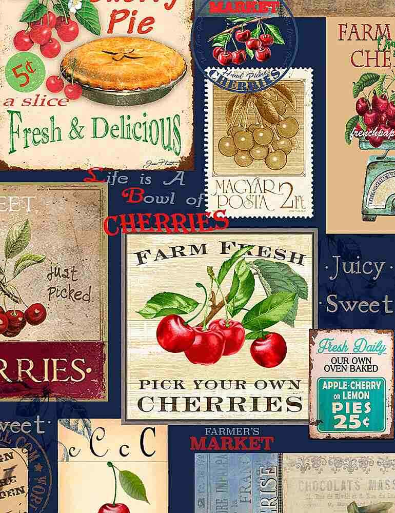 Cherry Pie Fabric BTY, Cherry Signs and Cherry Pie,  CD1541 Cotton