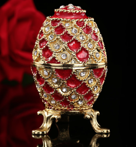 European Crystal Faberge Egg Folk Russian Royal Imperial Trinket Jewellery Box