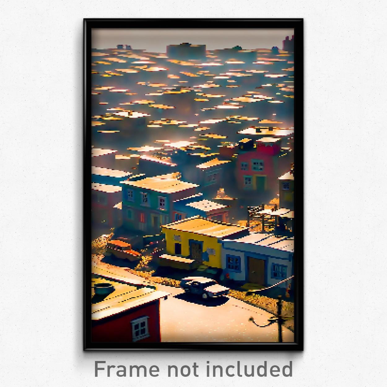 8 Bit Psychedelic Pixel Art Poster - Trippy Shantytown Video Game Print