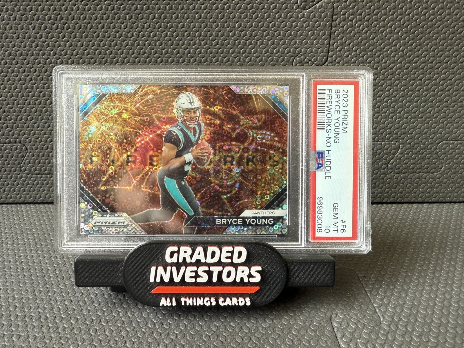 BRYCE YOUNG 2023 PANINI PRIZM FIREWORKS NO HUDDLE PANTHERS PSA 10