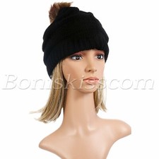 Women's Knitted Baggy Beanie Winter Warm Hat Ski Cap Slouchy Hats Faux Fur Ball