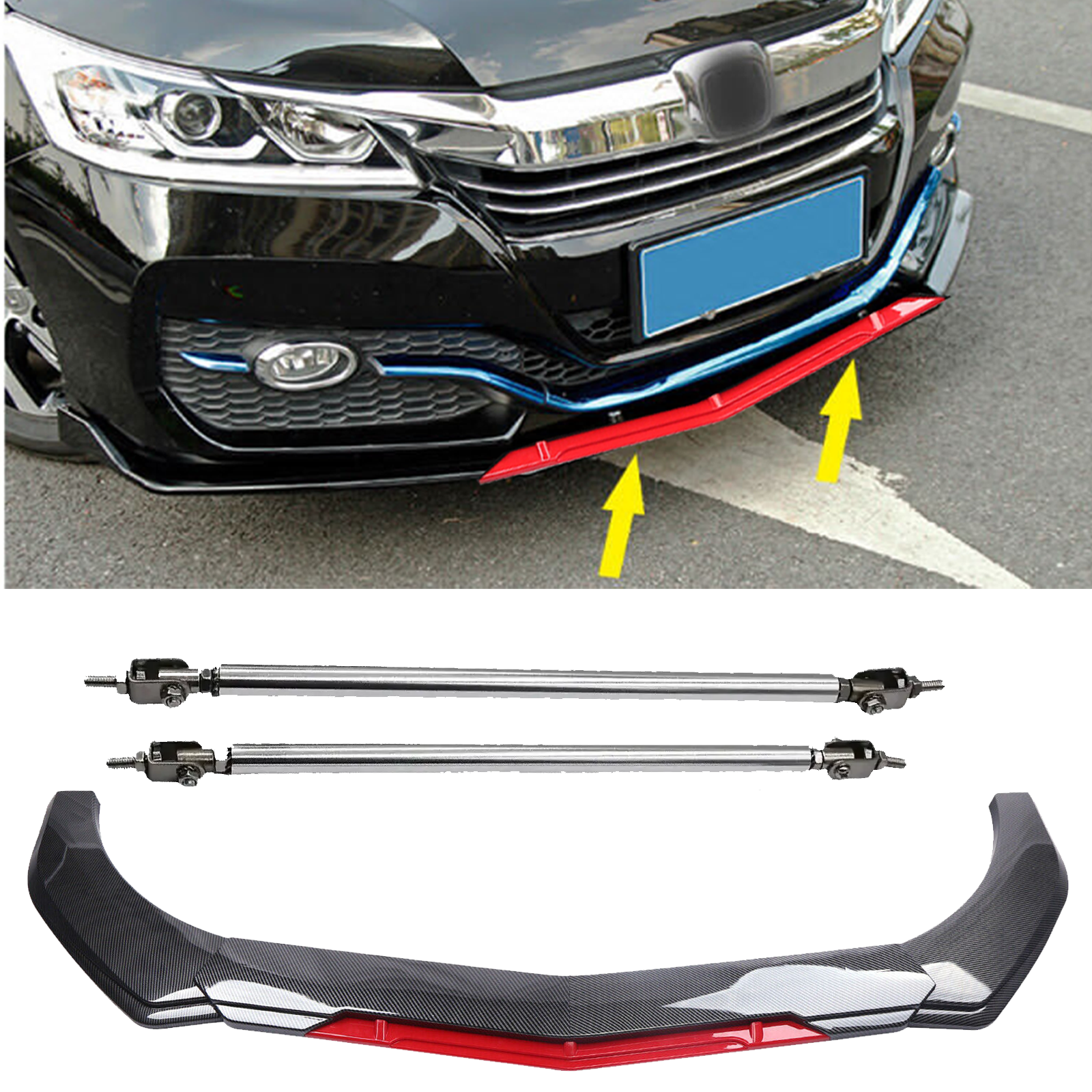 Honda Accord Front Bumper Lip Spoiler Splitter Carbon Fiber Strut Rod