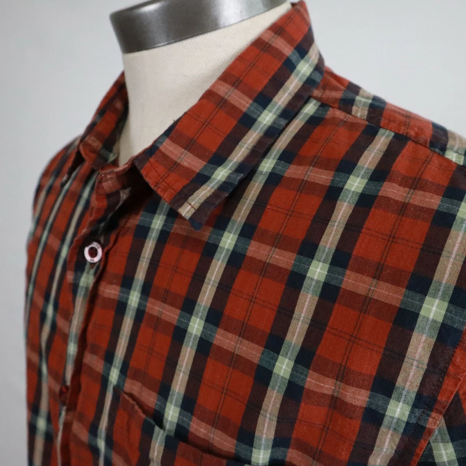 Camisa analógica masculina média ao ar livre casual bolso botão vermelho xadrez manga longa - Imagem 2 de 4