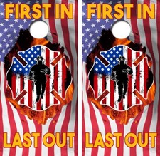 First In Last Out Firefighter Cornhole Board Wraps FREE LAMINATION 4713