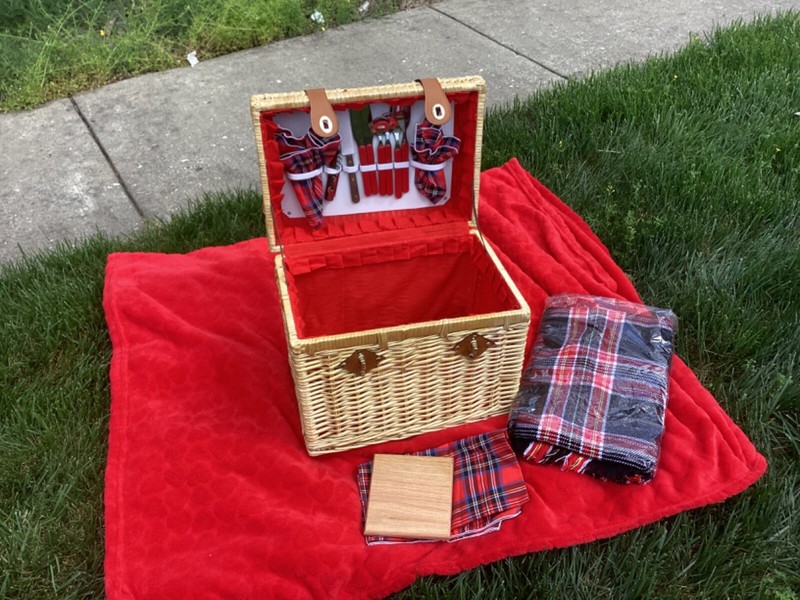 Deluxe Picnic Basket for 2w/Red Lining Plates Silverware Glasses & Accessories