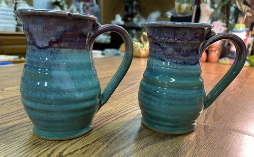 Pair Of Art Pottery Mugs Purple/Blues & Purples W/Ribbing Artist Signed