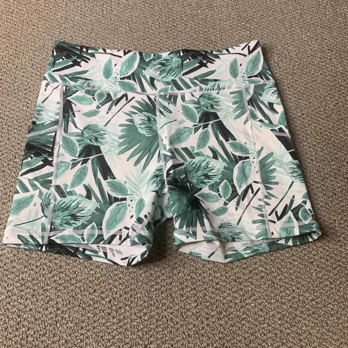 Senita Athletics Womens Biker Shorts Size XL White Green Leaf