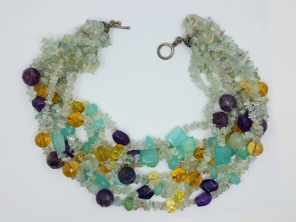 MULTI STRAND AMETHYST, DYED QUARTZ GEMSTONES BIB STATEMENT CHOKER NECKLACE ~18 " - Image 2 of 4
