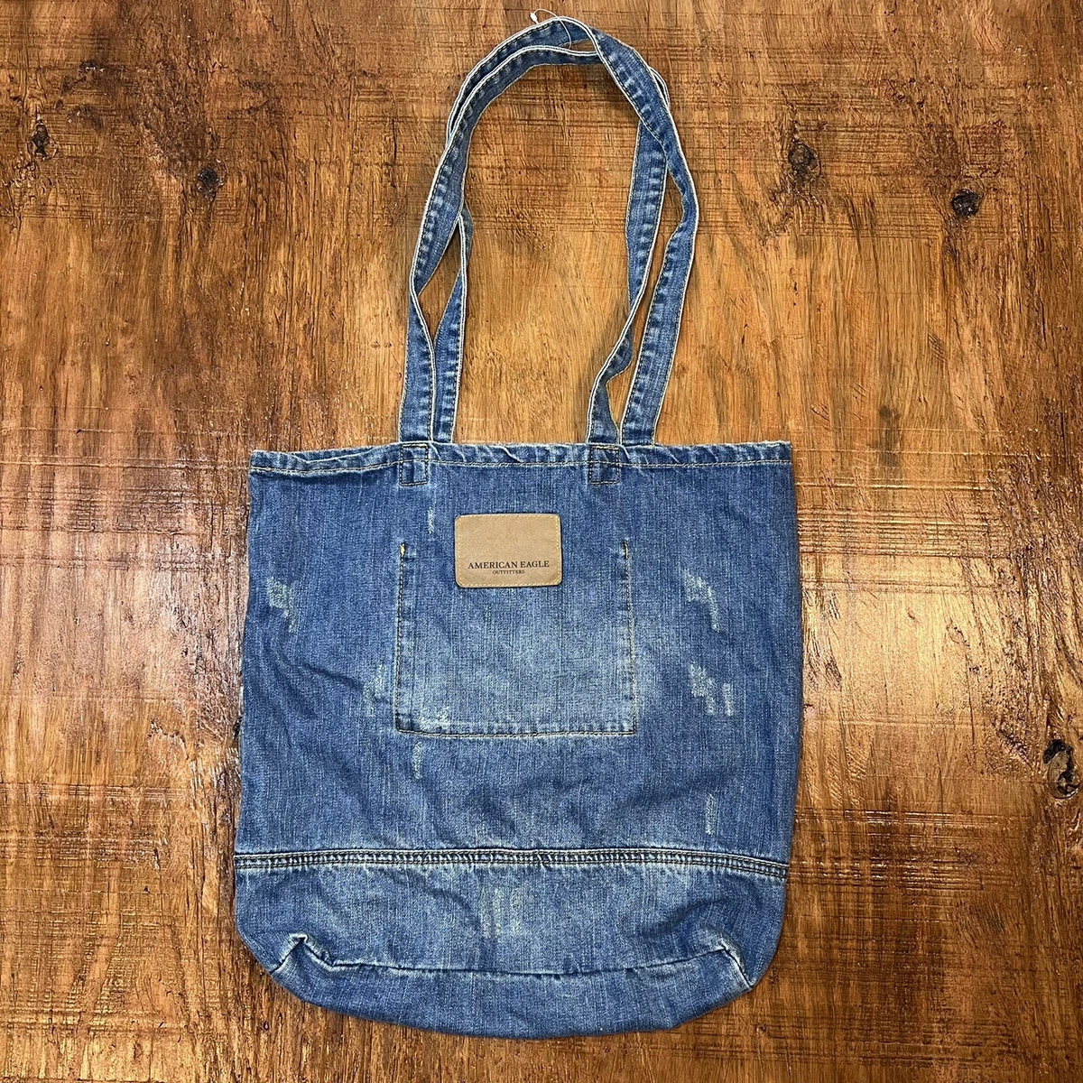 American Eagle Denim Tote Bag 16x15 Blue Jean Distressed Books