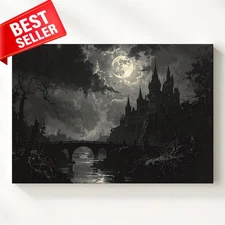 Canvas Wall Art Gothic Castle Misty Bridge Sky Night Landscape Full Moon Dark