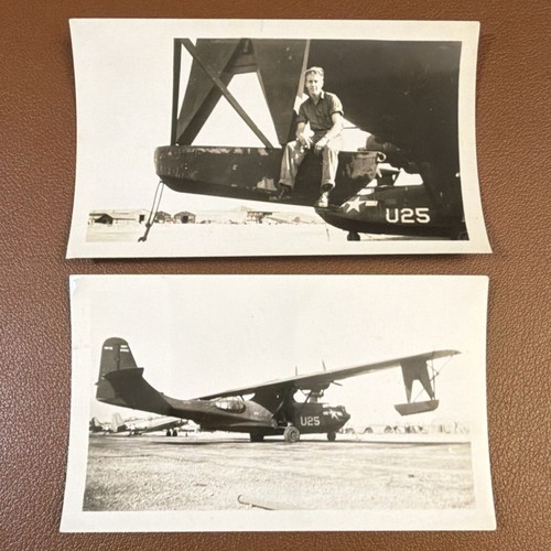 WWII Original Velox Print USN PBY Catalina U25 & Serviceman Clark Field 2 Photos