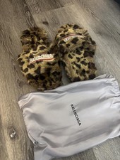 Balenciaga Unisex Brown/Black Faux Fur Slide Slippers Slip-On Open Toe Leopard
