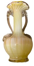 VINTAGE MURANO STYLE ART GLASS VASE HAND BLOWN Yellow STRIPE/Swirl 2 HANDLE 6  