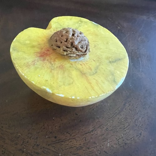 Early Italian Alabaster Hand Carved Hand Painted Half Peach With Pit . MCM