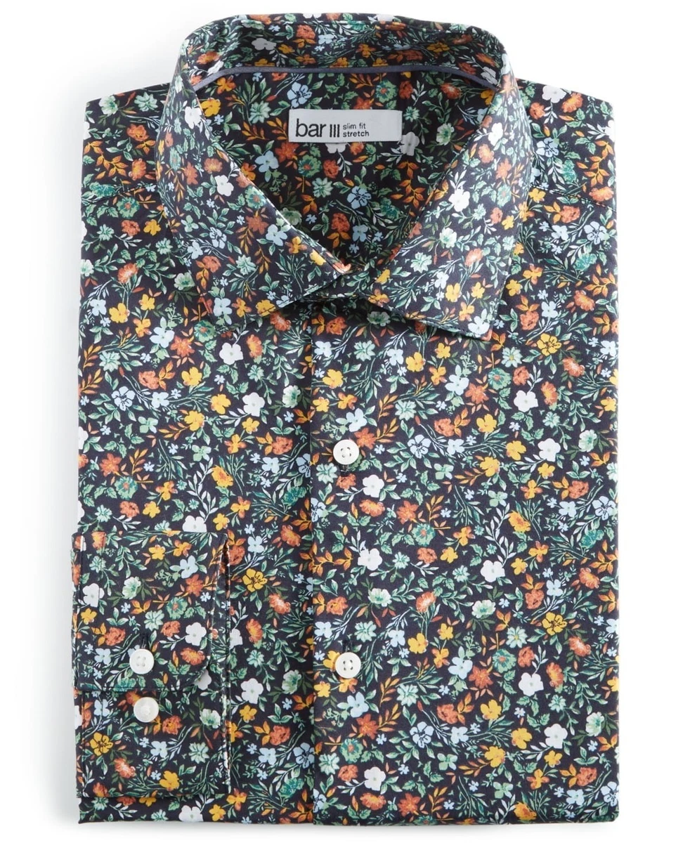 bar iii organic cotton watercolor floral-print slim fit dress shirt Floral Fit & Flare Dress