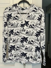 TALBOTS Beach Nautical Print Hoodie Sweatshirt  PULLOVER Sz Small White Navy 