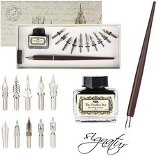 Kalligraphie Set Holzstift Federhalter Tinte Federn Vintage Schreibkunst Gesc...