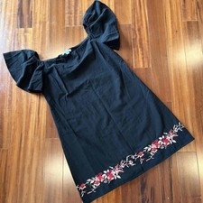 Lucy Paris Black Dress Linen Viscose Ruffle Shoulder Embroidered Hem Size Large