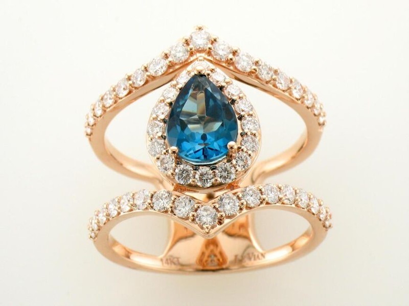 LeVian 14K Rose Gold Crisscross Ring with 2.22 Carat Blue Topaz & Diamond Sz 7.5