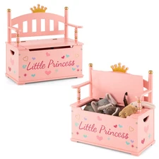 Kids Princess Wooden Bench Seat Toy Box Storage Organizer Children Playroom Pink