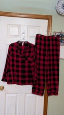 Wondershop Cotton Flannel PJ Set Red Black Plaid Button Top Pants M Perfect