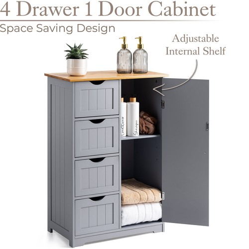 Bathroom Drawer Grey Bamboo Freestanding Storage Unit 4 Drawers