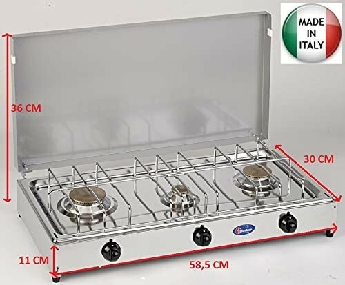 FORNELLO A GAS GPL 3 FUOCHI PIANO INOX TELAIO GRIGIO VALVOLATO A NORMA INTERNO - Foto 2 di 5