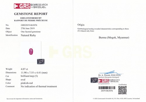 Rubino Birmania Certificato GRS 4,07 Cts Naturale Non Trattato Velluto Rosa Rosso Ovale - Foto 2 di 5