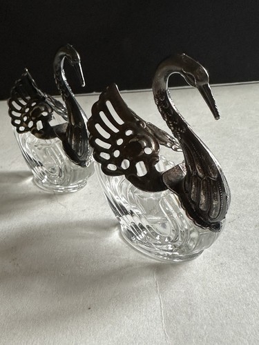 Vtg Silver Plate Crystal Swan Open Salt Cellar Dish Articulated Wings Set of 2 - Picture 10 of 24