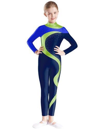 Girls Jumpsuit Gymnastics Romper Contrast Color Leotard Kids Catsuit Soft Dance - Picture 23 of 76