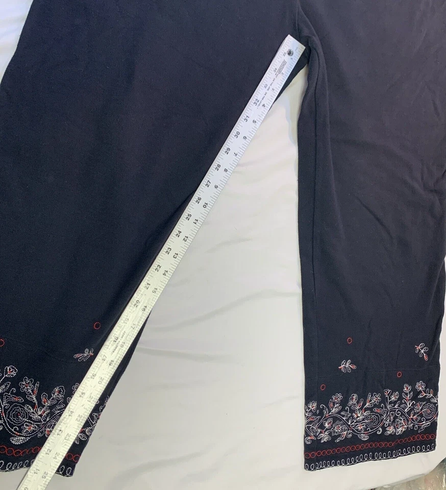 Natori Women's XL Ankle Pants Embroidered Leg Cotton Stretchy Soft Black Lounge - Image 4 of 4