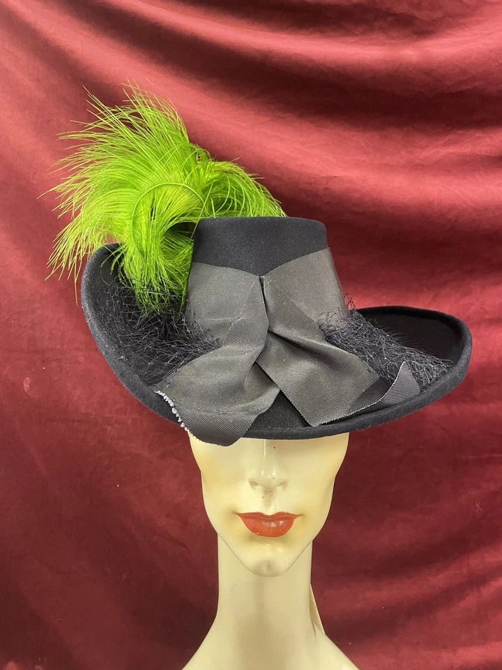 复古 40 年代海军羊毛帽子倾斜绿色羽毛坎贝尔加州帽子  — 第 2/4 张图片