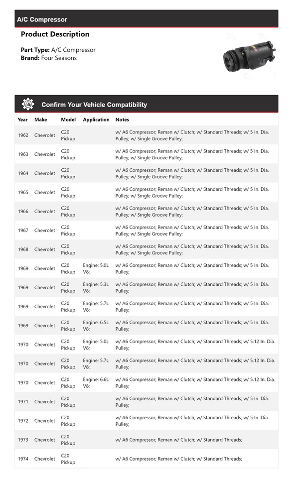 Compresor de aire acondicionado para camioneta Chevrolet C20 1962-1974 4 estaciones 1963 1964 1965 1966 Foto 2 de 4