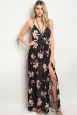 Misses Black Floral Plunging Neckline Maxi Dress SZ Medium 