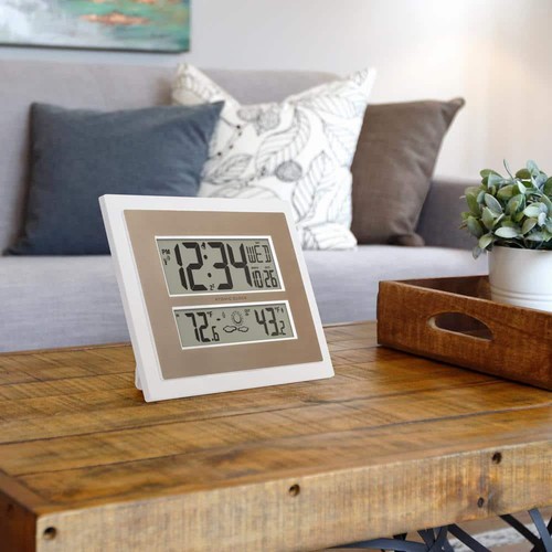 Atomic Digital Clock Temperature Sensor Forecast White/ Champagne Time Alarm - Picture 5 of 8