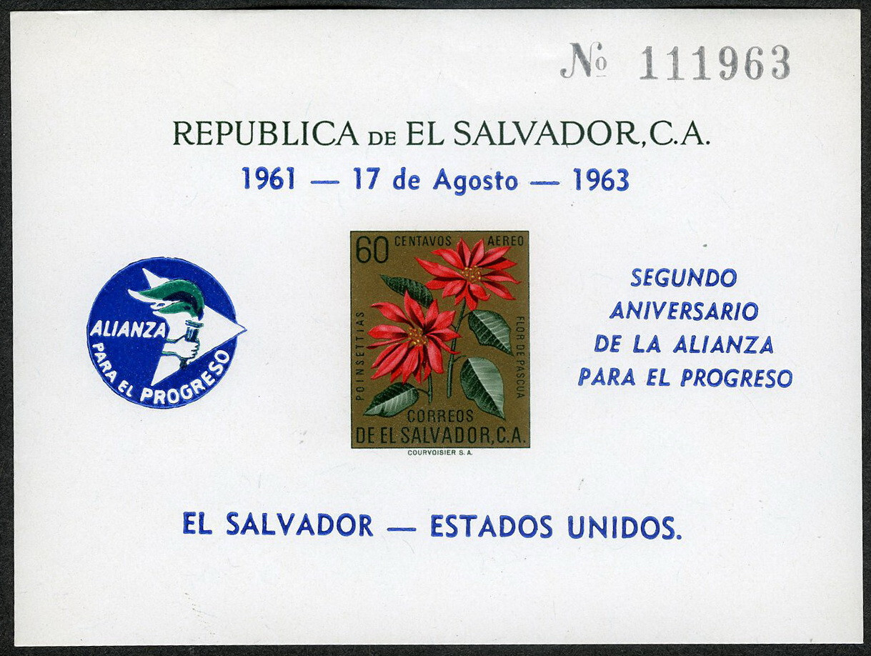 Salvador 1963 Rose Alliance Progress Ovrpt Souvenir Sheet Imperf MNH (SC# C192e)