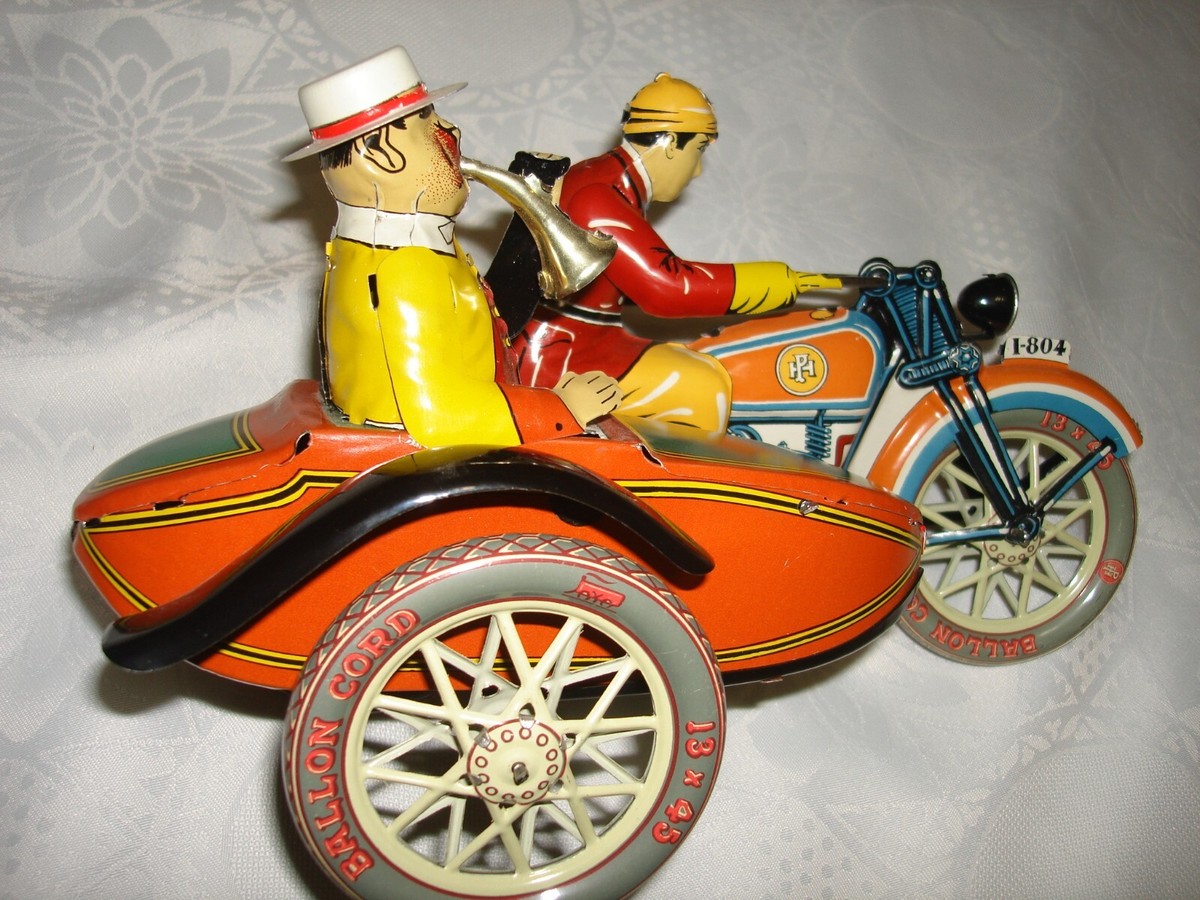 Vtg PAYA Huge Motorcycle Rider Sidecar Windup Tin Toy Ballon