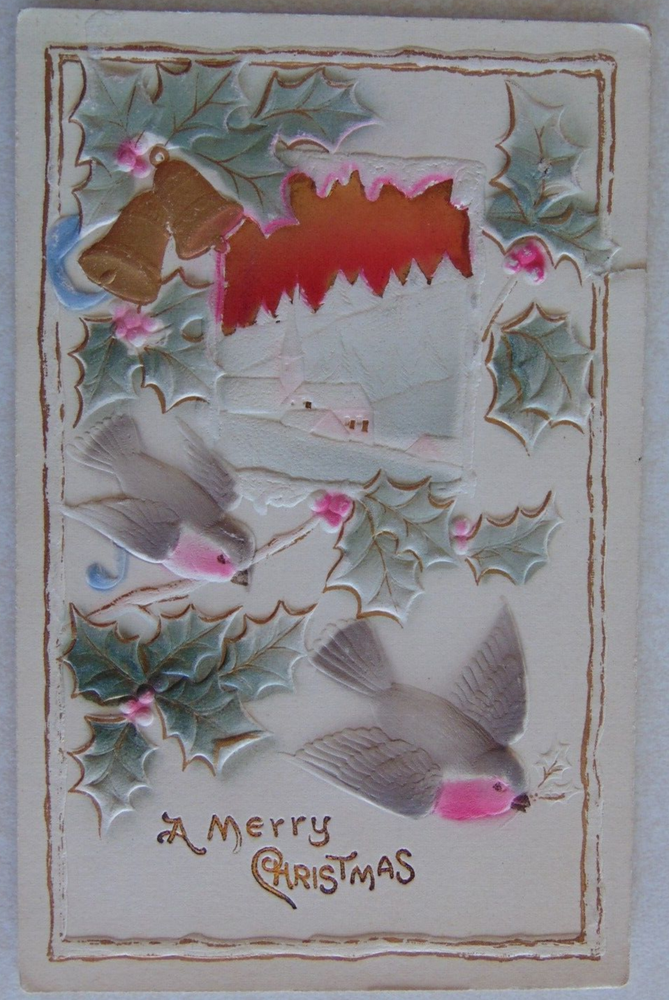 E1656 Postcard Gold Red Foil Merry Christmas Bells Birds