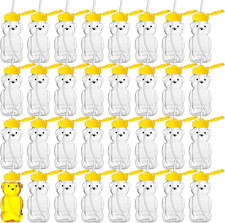 64 Pcs 6 Oz Honey Bear Bottle and 64 Pcs Straws Plastic Honey Bear Straw Cup Hon